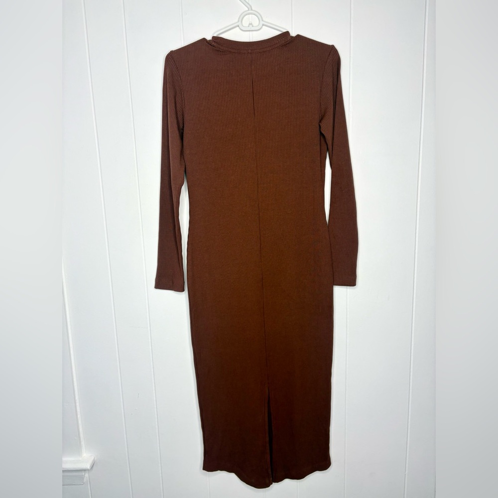 NWT $179 Terez Scoop Neck Long Sleeve Rib Dress in Cafe Brown Midi Size Small - Picture 8 of 10